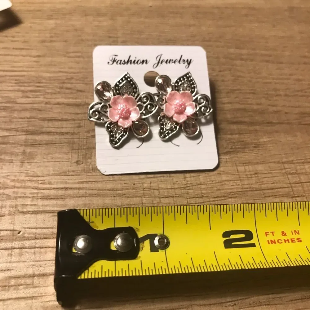 Vintage Floral Pink and Silver Rhinestone Petal Flower Earrings